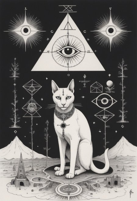 a drawing of Lunar Anubis, cat performing alchemy of etheral symbol quintessence, (one paw raised showing the eye of chemigram:1.1 eye of hamesh (with rays coming out of it), OverallDetail forging cluster astral keys.<lora:UFO_Alchemy_sdxl:1.0>,( <lora:symmetrical:1.5> (negative space tetrahedal trees ((revelation of method,PStyl3 )), <lora:Maximalist_Drawing_BW:0.2>)), (map QuinnMora, HaroldFiskMeander background:1.4), framesmade of checkerboard layer, , no human, ((sigil of pyramid, sigil of great power, frames cube FancyTurning:1.5), (three planes) X Y Z in occult space