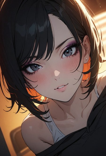 1woman, solo, villainess, 1woman, pale skin, black eyes, bob hair, black hair, evil look, big breasts, cinematic, (masterpiece), (best quality), (ultra-detailed), very aesthetic, illustration, detailed eyes, perfect eyes, detailed face, (beautiful detailed face, beautiful detailed eyes) ,extreme details eyes masterpiece, best quality, amazing quality, very aesthetic, (flat colors:1), (Artist:ilya kuvshinov:1), (Artitst: incase0.65), 1MILF, open eyes, (motion lines:0.3), (motion blur:0.3), mature female, , BREAK dynamic light, warm_light, vibrant colors warm_colors, soft focus, high contrast, textured surfaces, depth of field, golden hour lighting, dramatic shadows, rich details, nature-inspired color palette, BREAK
(face focus, close-up:1.6), eyeshadow, messy hair, dutch angle, chair, (white tanktop, black hoodie,  bare shoulders), denim shorts, pantyhose, indoors, computer desk, sitting behind desk, night, desk light,  relaxed, bedroom, smug, blush, looking at viewer,