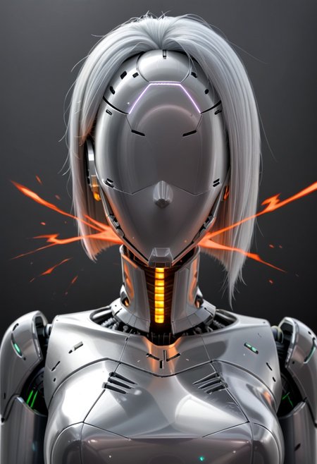 A 35mm photo of a beautiful broken robotic woman, she has a faceless robotic head, robot, silver hair, smooth dark grey metallic featureless feminine body, sparks coming from her damaged neck
no face