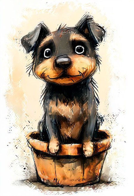 impactful color paint of cute drawing of a puppy in a wicker basket, sofa, pillows, highly detailed,  8k,   sharp,  professional, clear,   high contrast, crystal clear