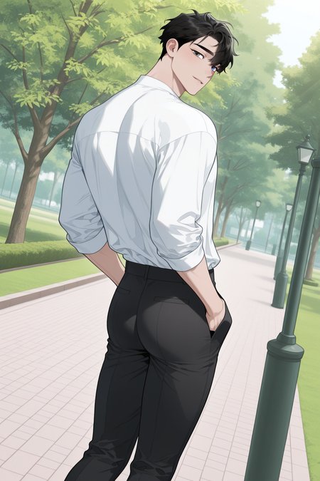 <lora:define relationship-IL-000008:0.8>,heterochromia,ash,black hair,hands in pockets,white shirt,black pants,looking back,dutch angle,wind,park,spring,1boy,solo,yaoi,bara,male focus,masterpiece,best quality,amazing quality,nsfw,uncersored,highres,best quality,amazing quality,best aesthetic,absurdres,