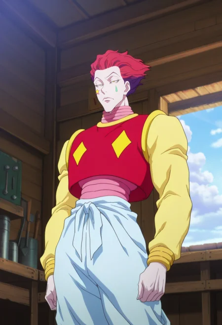 masterpiece, best quality, , anime screencap, , , , 1boy, solo, male focus, <lora:hisoka_morow_ilxl:0.98>, hisoka_morow, red hair, yellow eyes, facial mark, star \(symbol\), wide angle, wide shot, cowboy shot, workshop, day, clouds, slouching, sad, Harem pants, Windbreaker, , Snapback cap,