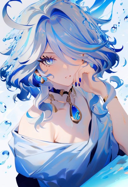 masterpiece, best quality, <lora:reiXL_ANI31_lokr_V4312:0.95> 1girl, furina \(genshin impact\), solo, blue eyes, blue hair, blue nails, jewelry, looking at viewer, long hair, choker, nail polish, earrings, blue gemstone, gem, white hair, multicolored hair, parted lips, hand on own face, hair between eyes, bubble, blue choker, hair over one eye, light blue hair, fingernails, water, liquid hair, portrait, streaked hair, upper body, water drop, blue theme, hand on own cheek