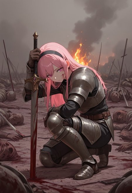 masterpiece, best quality, very aesthetic, absurdres, safe, pink eyes, armor, gloves, hairband, pink hair, long hair, 1girl, bowed head, sits on one knee, leans on sword, blood on face, blood on sword,
background (battlefield, corpses, smoke, fire)