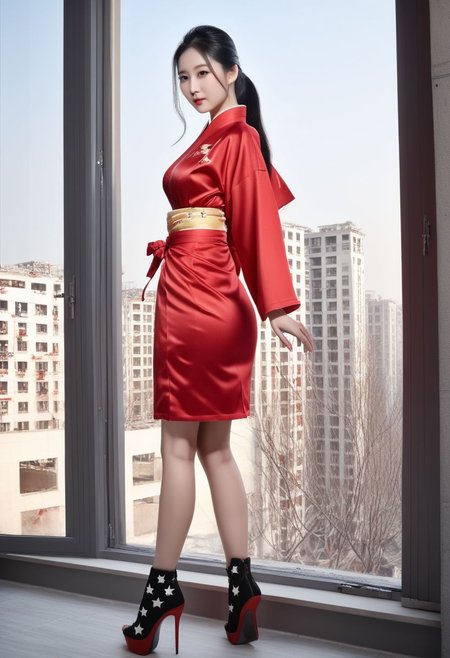 FOTOREALISTIC, long_straight black hair, beautiful chinese_lady, tall, huge_breasts, big_tits, red_chinese_kimono_with_yellow_stars, apartment_under_construction, tools, building_material, background window_Beijing, sexy_red_boots, score_9, score_8_up, score_7_up, score_6_up, score_5_up, score_4_up, UHD, 8K, masterpiece, ultra-realistic, Ultra detailed photorealistic background, photoreal, realistic high detailed beautiful face, anatomic correct bodies, ultra_high_resolution, Extremely Realistic, lots of detail, full_body_visible, emty_hands, hands_hidden, high_heels.