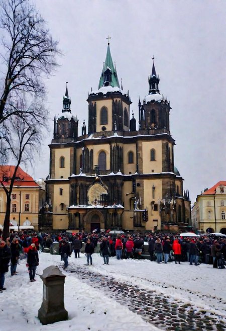 prague square, gothic church in winter, snowy, cloudy, crowd, raw style