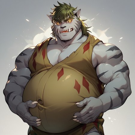 score_9, score_8_up, score_7_up, Byakko, bara, tiger boy, toga, bara, male focus, colored sclera,  solo, 1boy, belly