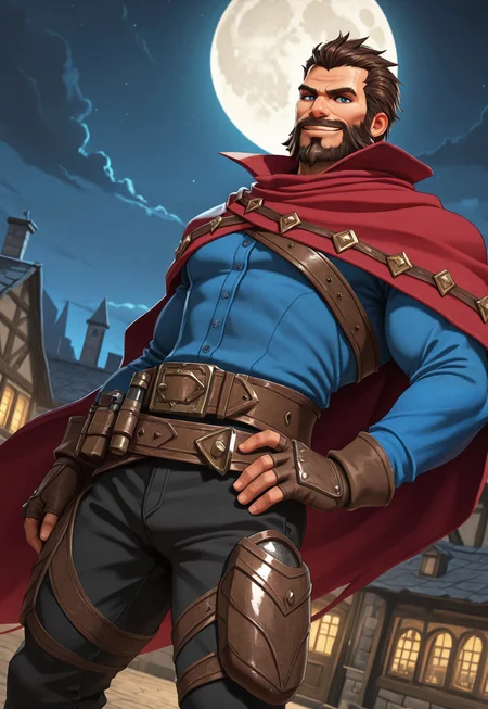 MalcolmGraves, brown hair, short hair, blue eyes, facial hair, beard, blue long sleeve shirt, red cape, belt, brown fingerless gloves, muscular,  upper body, looking at viewer, smile, dynamic pose, detailed background, old town, night, dutch angle, leg holsters, black pants, dutch angle, hand on hip, clouds, moon, bloom,