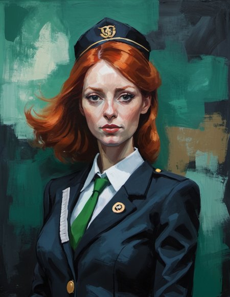 surreal painting, portrait of an Irish woman, flight attendant, redhead, dark theme, abstract painting background,  <lora:DiscoDeliriumXL-v1.2:0.9>