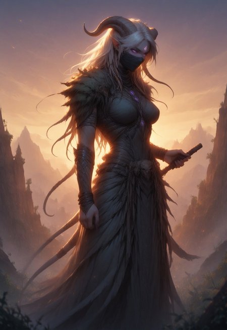(absurdres, best quality, masterpiece:1.4), score_9, score_8_up, score_7_up, score_6_up, detailed, detailed body, detailed face, world of warcraft, fantasy, 

fFaceDetail, SkinDetail, ((female, draenei, tall, athletic arms, pale white skin, smooth skin, long white hair, purple eyes, no pupil, no sclera, long white tail), (h0rns, ram horns, white horns), 
(long fingers, purple fingernails, purple nail polish)), 

(long loose white dress, simple armlet, black facemask, white silk scarf), GunMonk, shotgun, holding shotgun,

full body, side view

outdoor, evening, mountains, sunset