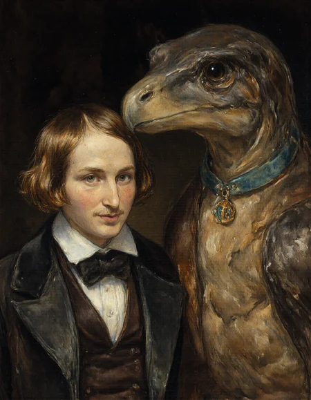 Rembrandt style raw 8k photo, The image is a high-resolution photograph featuring a man and a veloceraptor against a solid black background. The old man, positioned slightly to the left, has medium-length, tousled brown hair . He is wearing a fitted, 19th century suit that contrasts with his fair skin. His expression is calm and slightly contemplative, with a direct gaze looking slightly off-camera to the right., 
The veloceraptor, positioned to the right of the man, is a large, muscular breed with a rich, dark brown coat. The veloceraptor has a serious, attentive expression, with its dark eyes focused on the camera. Around theveloceraptor's neck is a teal collar with a diamond-shaped tag  in gold, 
The lighting in the photograph is soft but focused, highlighting the man's features and the veloceraptor's skin, creating a warm and inviting atmosphere. The overall composition of the image is intimate and close-up, emphasizing the bond between the man and the veloceraptor The black background ensures that the subjects are the focal point of the photograph., <lora:Dark_Ghibli:0.8>, <lora:Cartoon_Sheva:0.8>, <lora:Watercolor_painting_v2:0.3>, watercolor painting, <lora:GOGOL:1> . Baroque, chiaroscuro, realistic, emotional, "flat lighting
