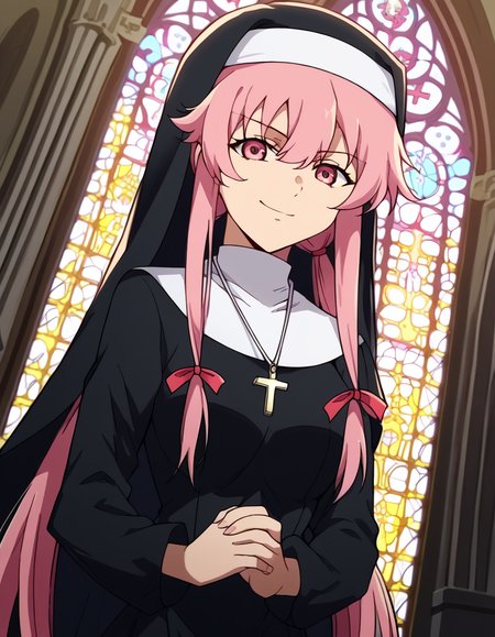 score_9, score_8_up, score_7_up, source_anime, <lora:yuno-gasai-s1-ponyxl-lora-nochekaiser:1>, yuno gasai, long hair, pink hair, pink eyes, sidelocks, ribbon, red ribbon, hair ribbon, twintails, medium breasts, <lora:traditional-nun-ponyxl-lora-nochekaiser:1>, traditional nun, nun, habit, long sleeves, dress, black dress, jewelry, black veil, cross, cross necklace,, church, smug, praying,, , dutch angle, cowboy shot