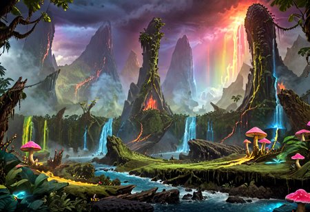 (Split terrain in left and right side. The right side is a lava land with an exploding volcano in the background. The left side is a jungle and water.)
(Jungle full of giant, overgrown trees and many large (glowing mushrooms) in different bright contained color. Blue mushroom. Green mushroom. Pink mushroom. Yellow mushroom.)
(A path leads through the Jungle and is covered in golden cracks)
masterpiece, best quality, ultra detailed, professional light, cinematic lighting, ambient lighting, atmospheric effects, photorealistic, epic landscape, high fantasy, waterfall, mountains, cliff, one bridge, clouds, (jungle), volcano in background, rainbow.