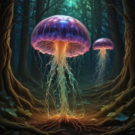 holographic translucent biolumiscent jellyfish on forest ground,alcohol ink and fluid thick oil,hyperrealistic,perfect mixed styles with amazing depth,iridescent complementary colors,dramatic flickering back light,surreal hypercreative masterwork by head of prompt engineering