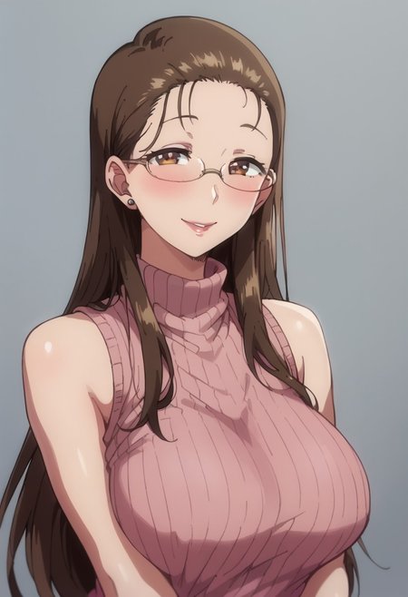 score_9, score_8_up, score_7_up, score_6_up, source_cartoon, 1girl, 
 sexy hips , blush,smile, solo, TomoeKisaragi,1girl,brown hair,long hair,forehead,brown eyes,eyewear, huge breasts, turtleneck,pink ribbed sweater,sleeveless, upper body