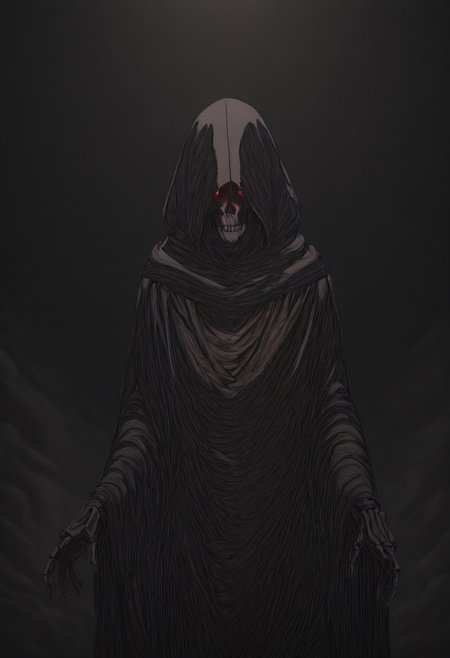 Masterpiece,best quality,limited color palette,lineart,vector art,1girl,solo, cowboy shot,
Hidden face, shadows, hood, cloak,  paranormal, gaseous, smoke, dust, skeletal, grim Reaper, scythe, glowing eyes, red eyes,  dark background, P0K3M1LF5TYL3,