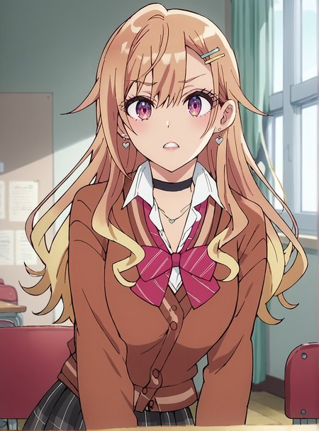score_9, score_8_up, score_7_up, score_6_up, score_5_up, score_4_up , source_anime, anime screencap, anime coloring,    <lora:Utatane_Yasumi:0.8>yasumiutatane, 1girl, long hair, hair ornament, jewelry, earrings, hairclip, skirt, choker, school uniform, bow, gyaru, purple eyes large breast looking at viewer,