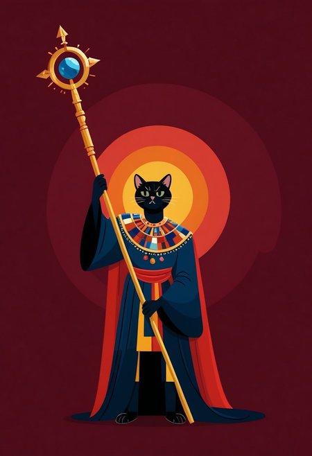 score_9, score_8_up, score_7_up, vector art, cel shading, cel shaded, mpzthzz, catman, red furr, staff, caduceus, easynegative, memphis corporate design, flat art, flat coloring, simple, vector art, corporate art, cel shading, cel shaded,