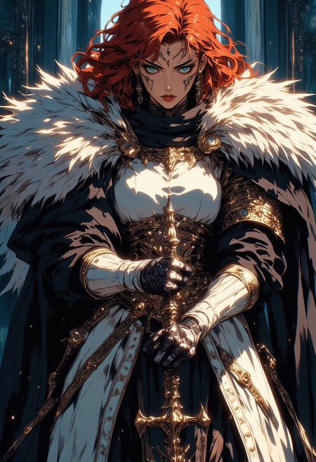 An elegant, red-haired female warrior with knee-length wavy hair and glowing clear green eyes. She wears a white medieval combat suit with black pants, paired with a black adventurer’s leather ensemble and shoulder armor. Her figure is athletic and toned, showcasing strong leg and arm muscles. She stands confidently, holding a fantasy melee weapon. Her detailed armor combines metal and fur, exuding nobility and strength, with intricate ornaments and a shoulder cape. The scene features cinematic lighting, with ultra-detailed skin and eyes that reflect both beauty and power.