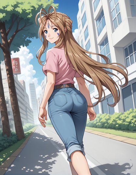 score_9, score_8_up, score_7_up, score_6_up, score_5_up, score_4_up, source_anime, rating_safe, BREAK <lora:belldandyXL_LoRA-C3Lier_AdamW_Dim8_Alpha8_UN-3e-4_TE-1e-4_10batch_ponyDiffusionV6XL_v6StartWithThisOne:1>, belldandy, 1990s (style), 1girl, blue eyes, long hair, antenna hair, brown hair, facial mark, forehead mark, smile, happy, pink shirt, pant, looking at viewer, looking back, from behind, dutch angle, city, road, shop, walking, tree, blue sky, sunlight, cityscape