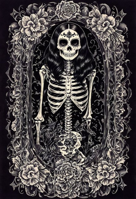 gothic illumination, skeleton pinup, dia dela muerte face