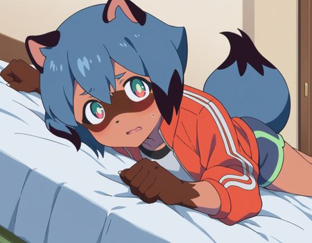 score_9, score_8_up, score_7_up, source_anime,
michirukagemori, <lora:michiru-kagemori-s1-ponyxl-lora-nochekaiser:1>,
michiru kagemori, short hair, black hair, animal ears, blue hair, multicolored hair, furry, furry female, raccoon ears, body fur, raccoon girl,  raccoon tail, tail,
shirt, jacket, white shirt, shorts, red jacket, blue shorts, track jacket,
indoors, bed, bed room, on side, blush, drunk,
solo, dutch angle, looking at viewer, cowboy shot,