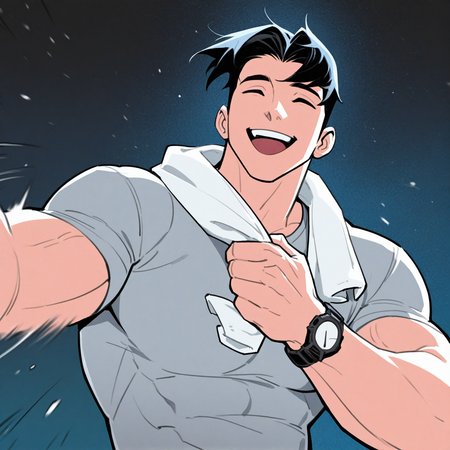 <lora:TIM_DRAKE:1>tim_drake, solo, smile, open mouth, short hair, shirt, black hair, 1boy, holding, white shirt, upper body, closed eyes, male focus, short sleeves, teeth, t-shirt, towel, grey shirt, watch, wristwatch, towel around neck, white towel, parted bangs, upper teeth only, twenty-something, western comics (style), muscular male, motion blur, film grain, abstract, natural lighting, fantasy, cinematic, dynamic, very awa, masterpiece, best quality, absurdres, newest, perfect quality, detailed background, intricate details, (artist:fl \(l-fl\):0.7), (artist:tooboshoo:0.7), (artist:dizdoodz:0.8)