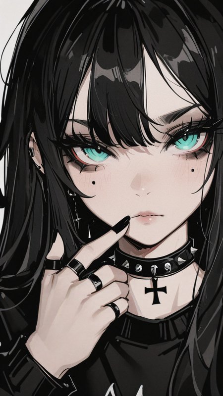 ,masterpiece,best quality,newest,  <lora:Monochrome_Glamourv1:0.9> mcglam, 1girl, black hair, anime, teal eyes