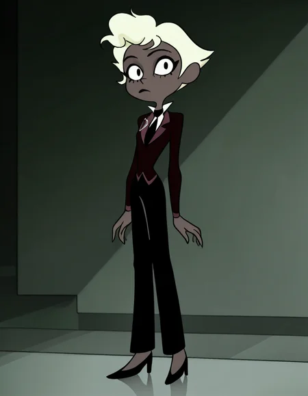 <lora:Agent2Illustrious1.0JLFO:1> agent2, 1girl, solo, blonde hair, suit, formal, necktie, short hair, female focus, black necktie, dark skin, long sleeves, pants, looking at viewer,full body, high heels, standing,