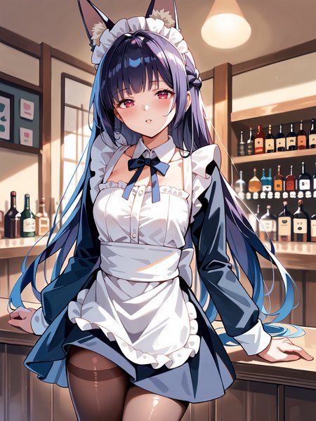 score_9, score_8_up, score_7_up, source_anime, ray tracing, best quality,   <lora:Char-ZZZ-Hoshimi_Miyabi-V1-Pony:1:hr=0.5>, 1girl, hoshimi miyabi, solo, maid, maid headdress, maid apron, parted lips, pantyhose, open mouth, blush, parted lips, looking at viewer, cowboy shot, bar \(place\), indoors, depth of field