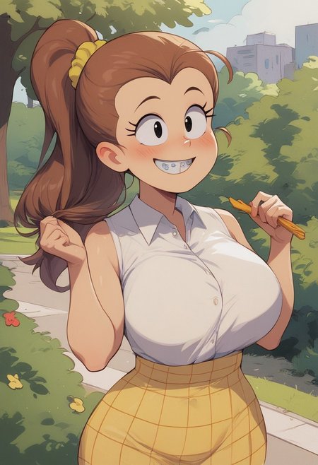score_9_up, score_8_up, score_7_up, score_6_up, 1girl, solo,  Luan Loud, brown hair, ponytail, black eyes, yellow scrunchie, braces, buck teeth, long hair, parted bangs, white shirt, collared shirt, sleeveless, yellow skirt, plaid skirt, huge breasts, wide hips,  fat ass, big ass, blushing, park background, hair pulled back, smiling,