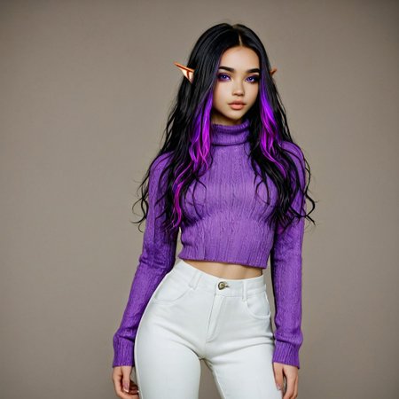 Isabella, wearing a purple sweater, sexy elf, black hair with purple highlights, long styled curly hair, hyper realistic, white pants