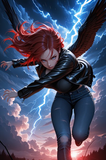 embedding:lazypos, 1girl, in the sky, clouds, looking at viewer, red hair, wings, large breasts, black leather jacket, blue jeans, thunder, night, flying kick,