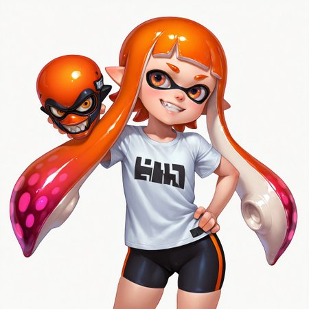 FutureFightStyle, ((semi realistic)), masterpiece, best quality, absurdres, ultra-detailed, high resolution, 
inkling, 1girl, bike shorts, orange eyes, pointy ears, orange hair, cartoon, kid, young, anime, long hair, smile, shirt, grin, t-shirt, ((headshot))