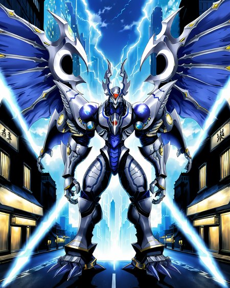a dorugoramon looming over a city street,wings, anime,anime style, <lora:DORUgoramon:0.75>