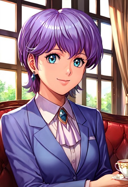 score_9, score_8_up, score_7_up, source_anime, , (best quality) , (highly detailed) , (best quality) , (highly detailed) ,((masterpiece)), ((best quality)), (ultra-detailed), ((extremely detailed)), (high resolution), 4K, (8K), best quality, (beautiful), (dynamic lighting), (super detailed skin), sharp focus, (1_girl, solo focus), shiny skin, masterpiece ,absurdres ,detailed face ,<lora:pony_xl_Hildegard:0.8>,Hildegard,score_9,score_8_up,1girl,female,kawaii,solo,short hair,earrings,suit,white collared shirt,ascot,brooch,upper_body,looking_at_viewer,smile,closed mouth,sitting,couch,table,window_,curtains,stretching your spine,cup,teacup,saucer,parody,, cinematic lighting, Intricate, High Detail, Sharp focus, dramatic, masterpiece, best quality, ultra-detailed, detailed, detailed body, detailed face, UHD, kawaii, cute, very big eyes, Aesthetic Anime Eyes,  (8k, masterpiece, best quality, ultra-detailed),