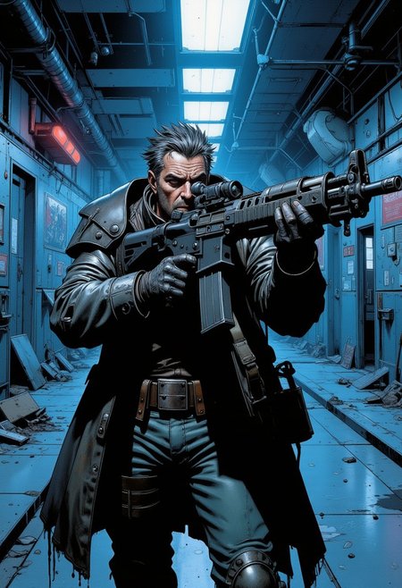 Epic, comic book style detailed digital character rendering of a (Good:1.2) ((white:1.5)) male soldier. (short black hair with gray spots:1.1), middle-aged with (light wrinkles:1.1), and short beard. imposing and rugged look. Wearing a (post-apocalyptic military jacket:1.4) with top collar, layered beneath is a (metal armor armor:1.3). They have a cocky expression. The soldier aims a large futuristic high-tech sci-fi rifle, standing in a powerful stance that suggests strength and readiness for battle. . Clothing incorporates various textures: (metal:1.1), (fabric:1.5), and (leather:1.5). Bandaged hands. 
Presented against a background of a futuristic windowless corridor bathed in blue light with occasional red emergency lights casting soft glows along the edges. The corridor is so wide the walls cannot be seen. Some ceiling panels removed or hanging loose, exposing wires and cables. Small vents release intermittent bursts of steam, and the floor is worn, marked with scuffs and stains. Blue lights line the ceiling, creating an abandoned yet functional feel. The corridor feels as though it was once a main thoroughfare, now left neglected and quiet, with distant sounds echoing faintly