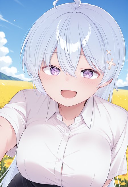 hiwamura_hiyori, @_@, purple eyes, blue hair, ahoge, long hair, cross hair ornament, white shirt, collared shirt, short sleeves, pencil skirt, <lora:hiwamura_hiyori_illustrious_ver1:0.8> 
smile,, masterpiece, best quality, general,, 1girl, solo, (field:1.2), (blue sky:1.2), looking at viewer,, (upper body:1.2), (close-up:1.2), (facing viewer:1.2), (open eyes:1.4), (portrait:1.2)