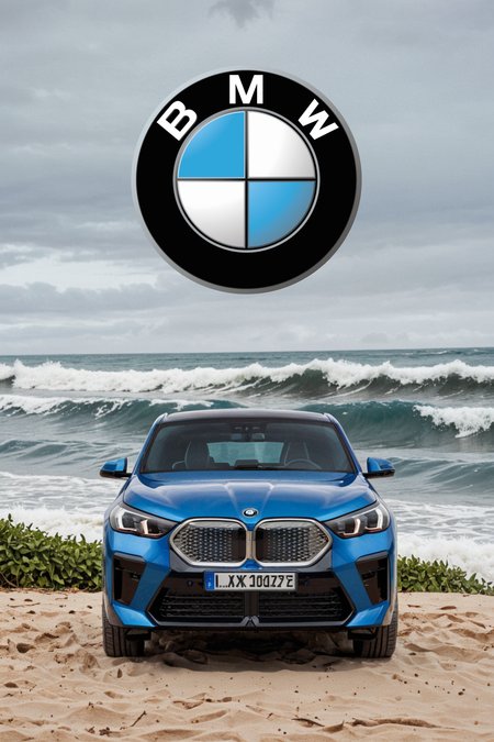 <lora:BMW_IX2_-_By_DICE:0.7> , BLUE BMW IX2, Exterior, on a beach, surfboards, large waves in background, photographic lighting, (dynamic angles), professional photography, <lora:Add_UHD_Details_&_Text_v1:0.85>, "BMW BRANDED LOGO"