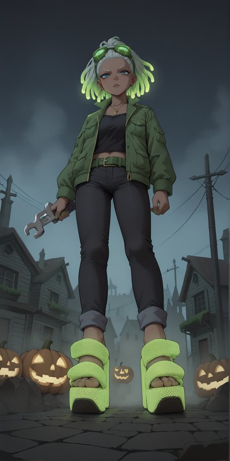 score_9, score_8_up, score_7_up, score_6_up, source_anime,
wide angle, standing, low angle, foot focus, 
standing,
holding a giant wrench as a weapon,
(glowing neon footwear:1.1),
(glowing neon hair:1.15),
1girl, leather pants, green short jacket, black and green hair, dreadlocks, 
goggles, glowing green goggles,
ï»¿(ï»¿m3sh heels), platform footwear,
halloween scene, fog, haunted house, night,
green toenail polish,
embedding:zPDXLrl ,
embedding:zPDXL2 ,