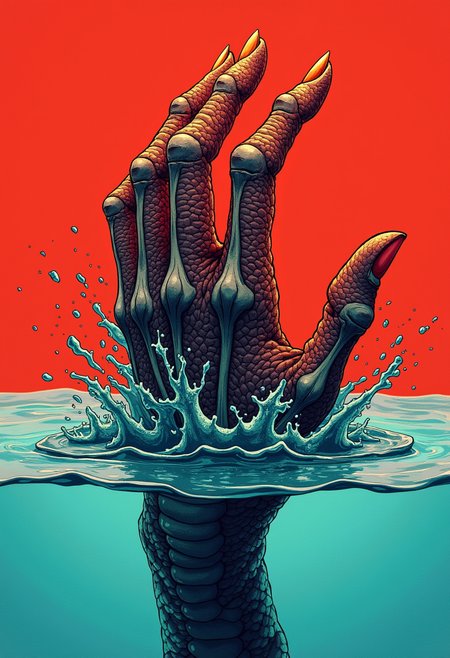 A vivid illustration of a humanoid figure with a skeletal structure, set against a striking red background. The figure is adorned with intricate details, and the color palette is dominated by deep reds and blacks, creating a sense of foreboding and mystery. and also,  A vivid illustration of a human hand, intricately detailed with a reptilian skin texture, emerging from a body of water. The hand is depicted in a dynamic pose, with the fingers spread out and the palm facing upwards. The skin exhibits a gradient of colors, transitioning from a deep blue at the base to a warm orange at the tips. The water around the hand is a striking shade of blue, with splashes and ripples that suggest movement and fluidity. The background is minimalistic, with a soft gradient of light blue, emphasizing the hand as the central focus. The overall style of the image leans towards a surreal or fantastical representation, blending elements of nature with human anatomy.