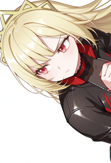 Smooth Quality,masterpiece,very intricate, high quality details, ultra realistic, high detailed skin,detailed enviorement,absurdres,
clenched hand,
 <lora:Ecute_CNR:0.8> ecute_cnr, 1girl, blonde hair, very long hair, red eyes,, simple background, white background, sideways,solo,, sulking,, leotard,  ,biker jacket,  ,jogger pants,  ,