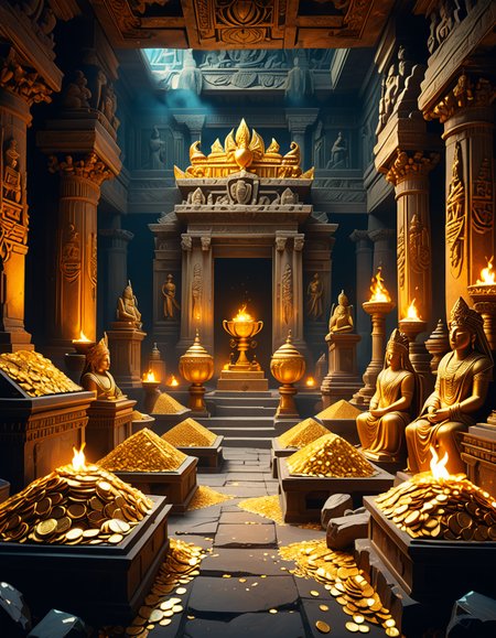 score_9, score_8_up, score_7_up,amazing quality, ultra realistic, 3D, HD, best quality, amazing quality, very aesthetic, absurdres
A hidden treasure chamber deep within an ancient temple, illuminated by the warm golden glow of torches and mystical blue light from enchanted crystals. The room is filled with piles of gold coins, jewel-encrusted goblets, and ancient artifacts covered in dust. Massive stone statues of forgotten deities guard the chamber, their eyes glowing faintly as if watching intruders. In the center, a grand pedestal holds a legendary artifactâan ornate golden crown encrusted with emeralds and sapphires, shimmering with an otherworldly aura. The walls are adorned with intricate carvings depicting lost civilizations, and creeping vines hint at centuries of abandonment. The atmosphere is mystical and slightly eerie, with a sense of both wonder and danger. The air is thick with the scent of aged parchment and burning incense, adding to the chamberâs ancient and mysterious feel. Cinematic lighting with dramatic shadows enhances the depth and richness of the scene, creating a visually stunning and immersive environment.
<lora:SDXLFaeTastic2400:0.4> <lora:extremely_detailed:0.4> extremely detailed,treasure ch4mb3r, <lora:treasure_ch4mb3r-p:1>