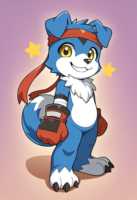 high res, best quality, gaomon_digimon, furry, headband, solo, 1boy, cute, happy, smiling, yellow eyes, full body, looking at viewer, <lora:Gaomon_Digimon:1>