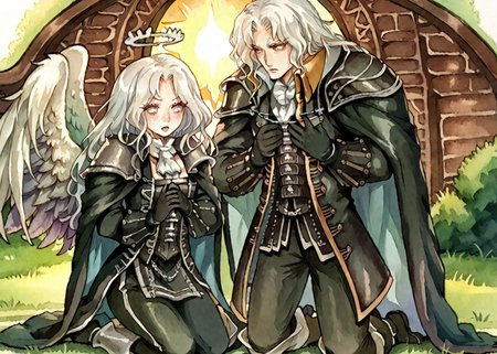 Watercolor painting score_9, score_8_up, score_7_up, source_anime, masterpiece, (1girl and 1boy), ((two people)),
(Angel wings, feather wings, white hair, long straight hair, white eyes, shoulder armor, black dress, corset,  excited expression, blushing, standing in front of man, college field background, <lora:AVACYN:1>),
(zPDXL2,source_anime,rating_questionable, 1boy, <lora:Alucard_-_Castlevania:1> alucard_castlevania, long hair, cape, ascot, yellow eyes, black gloves, black pants, coat, kneeling to woman, bowed head, presenting a halo, holding a halo) . Vibrant, beautiful, painterly, detailed, textural, artistic
