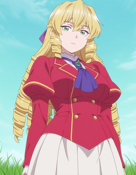 masterpiece, best quality, amazing quality,, <lora:grace-auvergne-s1-illustriousxl-lora-nochekaiser:1>, grace auvergne, long hair, blonde hair, green eyes, drill hair, braid, hair ribbon, purple ribbon, mature female, breasts, anime screencap,, skirt, school uniform, puffy sleeves, blazer, red blazer, ascot, gemstone, purple ascot, white skirt, pleated skirt,, from below, plain, grass, open, vast, sky, cowboy shot, solo, looking at viewer, solo focus