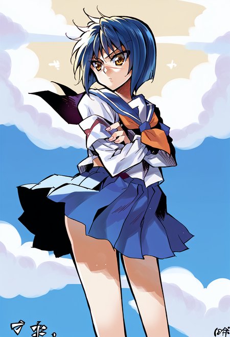 score_9, score_7_up, source_anime, BREAK <lora:AERingo:1> linear hatching,  <lora:Tokiko:1> AETokiko, yellow eyes, blue hair, bob cut, short hair, scar on nose, school uniform, serafuku, neckerchief, armband, long sleeves, blue skirt, pleated skirt, crossed arms, blue sky,