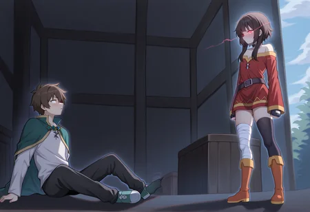 1boy. satou kazuma, sitting, on floor, 1girl, standing, megumin, chuunibyou, glowing eye, are_you_my_master <lora:are_you_my_master:1>, masterpiece, best quality, amazing quality, very aesthetic, absurdres, highres, newest