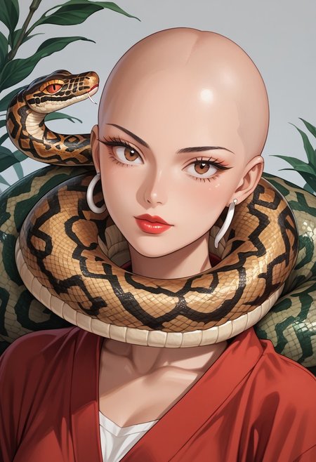 score_9,score_8_up,score_7_up,score_6_up,score_5_up,source_anime,1girl, female saitama, bald girl, brown eyes 19yo, lipstick , flirty, snake, snake on shoulders,