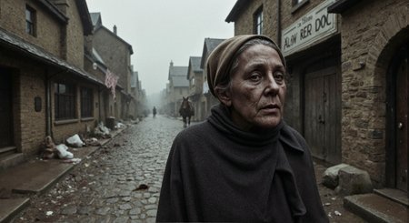 aidmarealisticskin. This is a high-resolution photograph of a 80 years old, weathered woman in a 16th-century town ravaged by the Black Death. The cobblestone streets, uneven and treacherous, are slick with rain and shrouded in a thick fog that obscures the dim light of the winter day.  A lone, skeletal dog scavenges amongst the refuse strewn across the street. In the distance, a lone horse stands dejectedly in front of a half-timbered inn, its sign creaking ominously in the wind.  The houses, their wattle and daub walls showing signs of decay and neglect, loom over the narrow street, their windows dark and lifeless. Washing hangs limply from a second-story window, a forlorn attempt at normalcy in the face of tragedy.  The woman's face is etched with wrinkles and sorrow, her eyes reflecting the grim reality of the plague-stricken town. She wears a dark, heavy woolen dress, the fabric coarse and worn, and a shawl pulled tightly around her shoulders against the biting cold.  Her grey hair is covered by a simple linen cap. The air is heavy with the smell of damp earth, decay, and woodsmoke. The overall mood is one of despair and desolation, capturing the bleak aftermath of the plague in a 16th-century European town. Something very cruel happened to this extremely old woman,the marks and injuries of that are visible on her face.